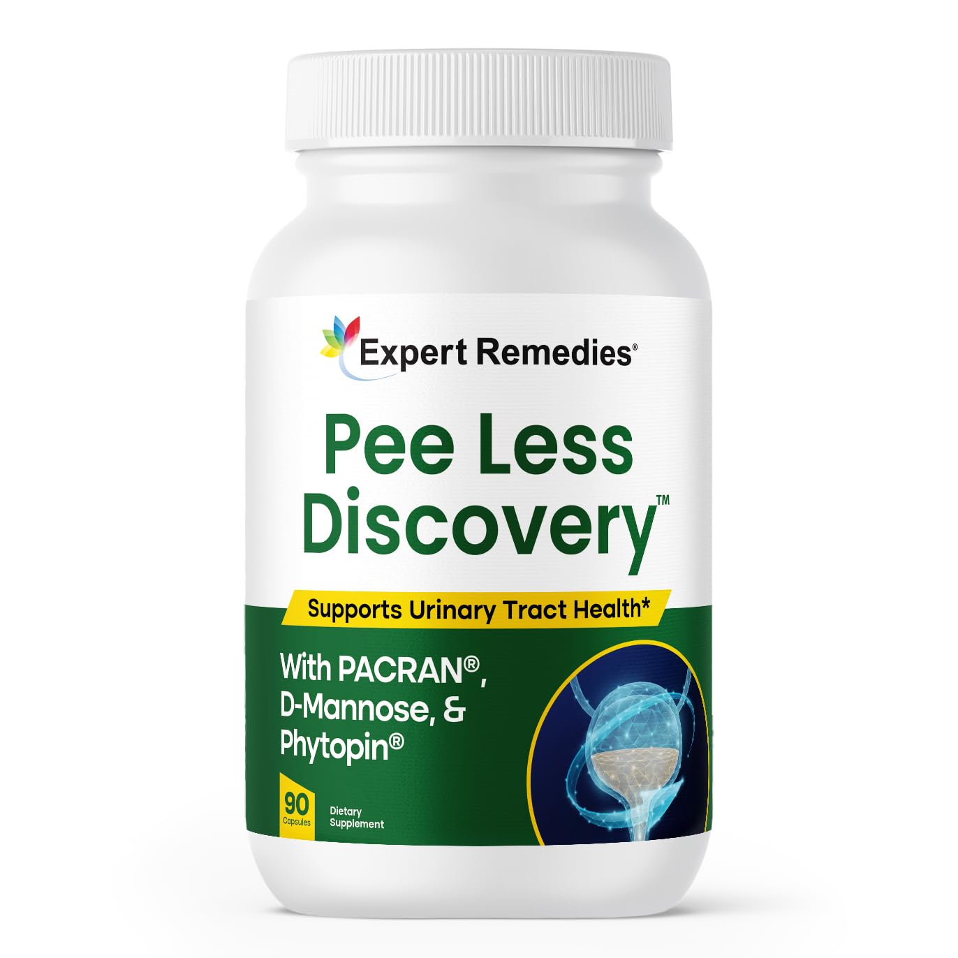 Expert Remedies Pee Less Discovery bottle on white background supports urinary comfort