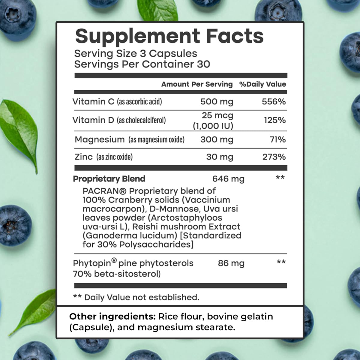Ingredient icons for PACRAN cranberry and D-mannose support