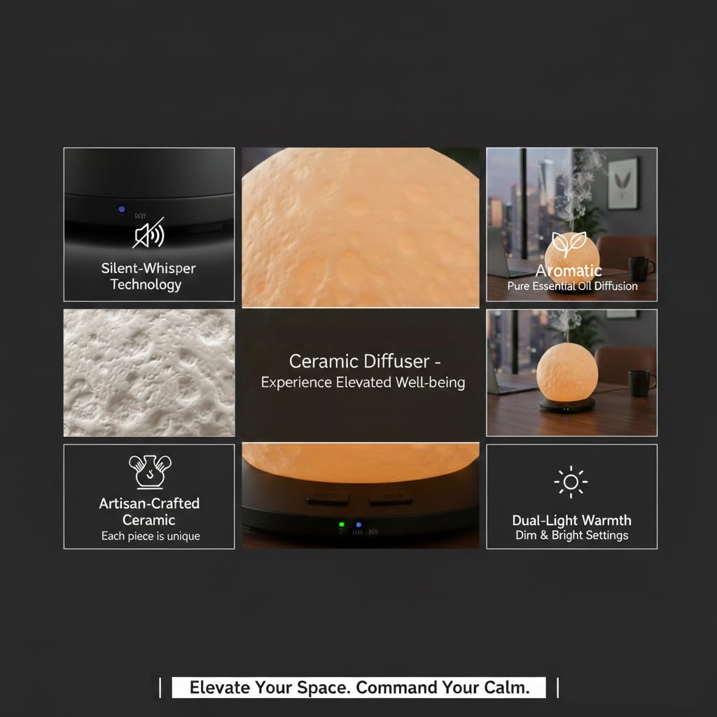 Exqline Moonlight Zen Diffuser warm amber glow in a cozy workspace