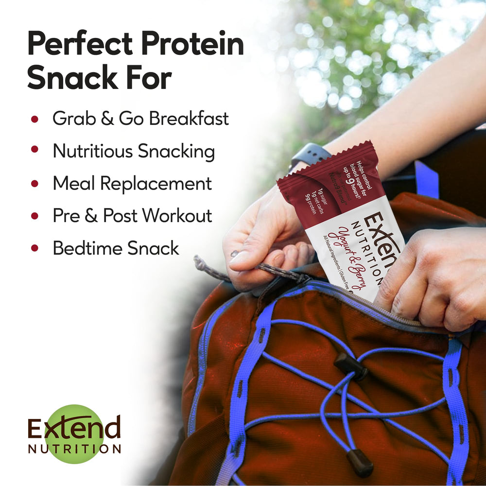 Extend Bar daily snack placement emphasizes sugar-free option for steady energy.