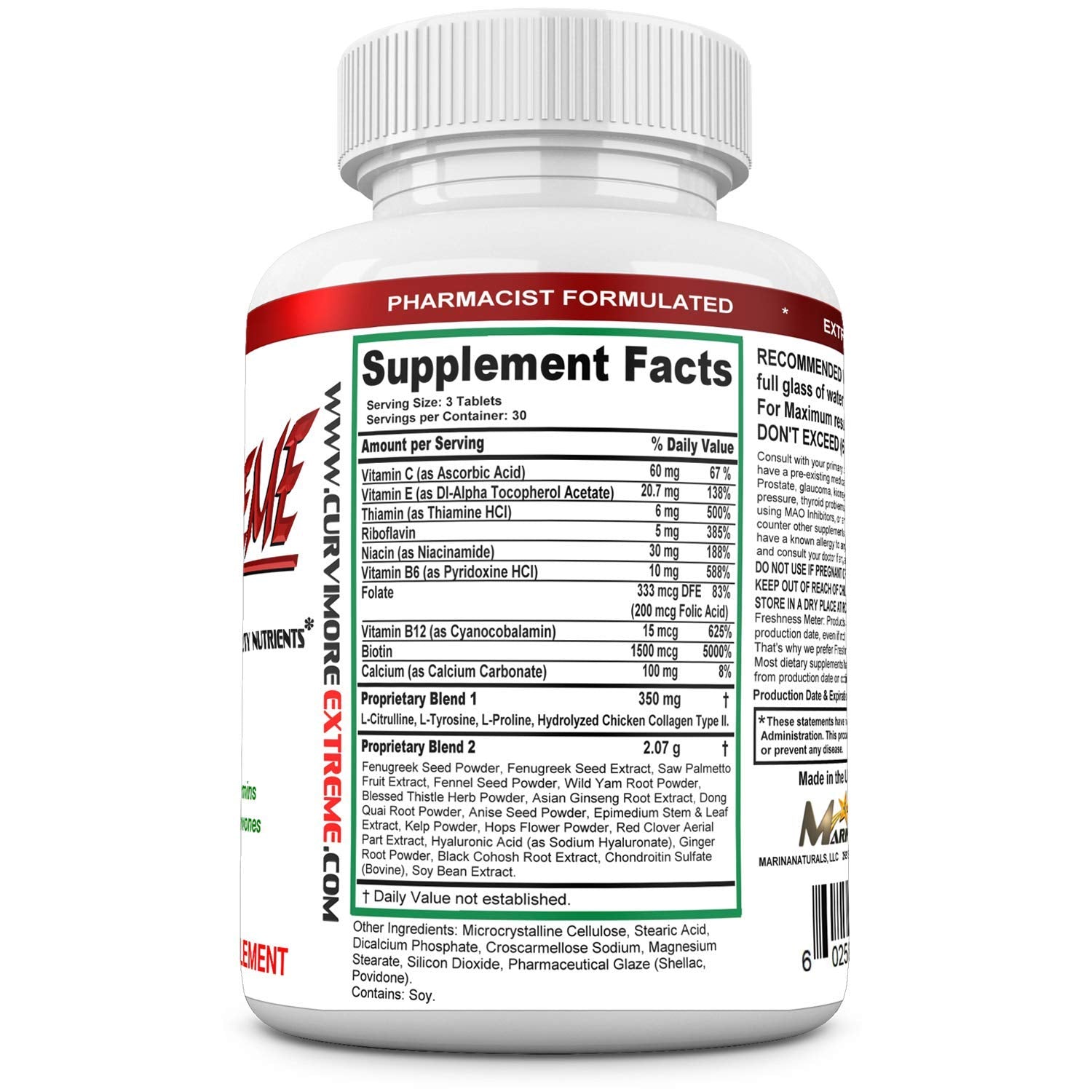 Extremely Naturals CURVIMORE Extreme pills closeup showing compact tablets for easy daily use.