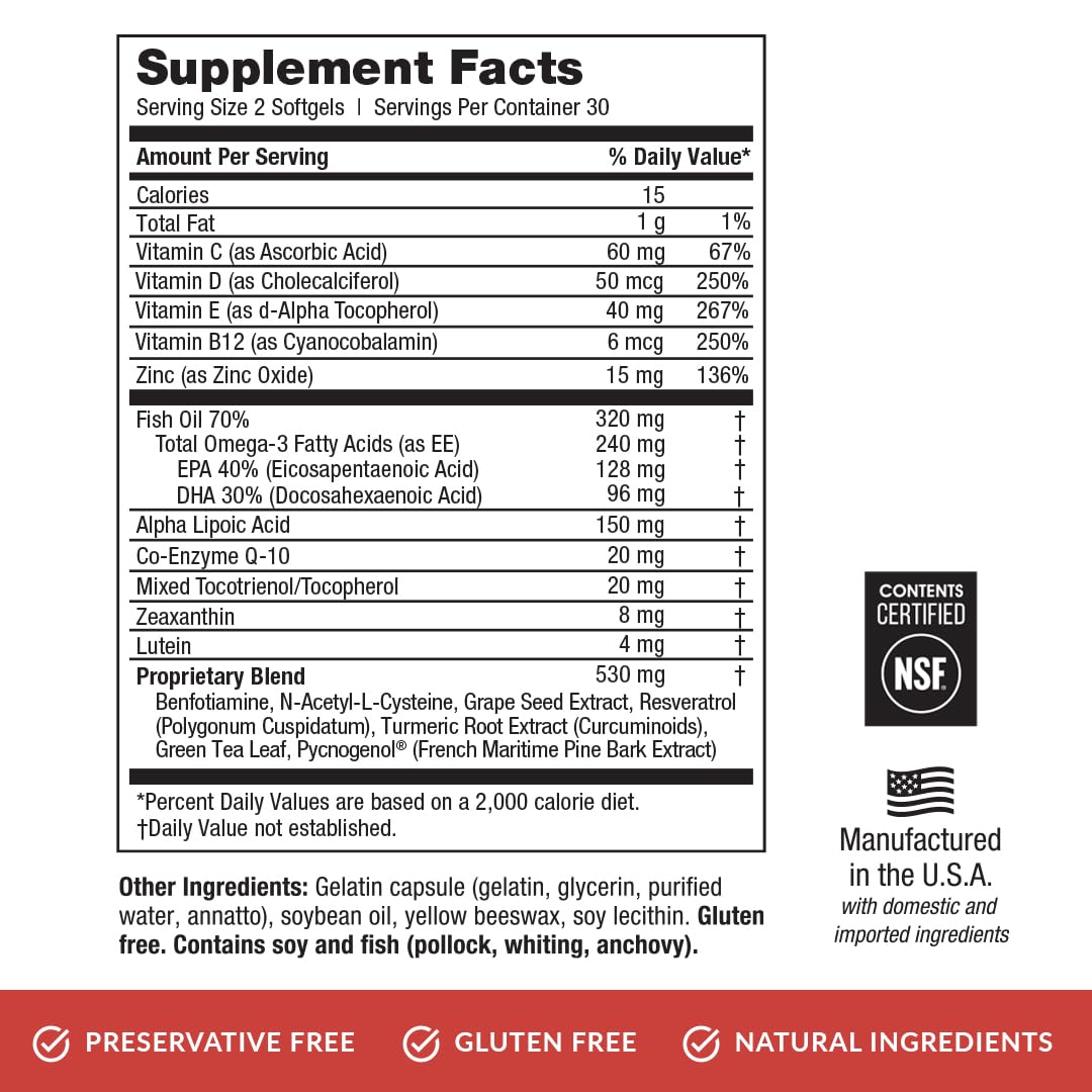 Daily dosage illustration shows two softgels with a meal