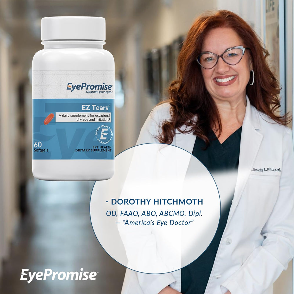 EyePromise EZ Tears omega-3s bottle highlights highly concentrated fish oil for eye health.