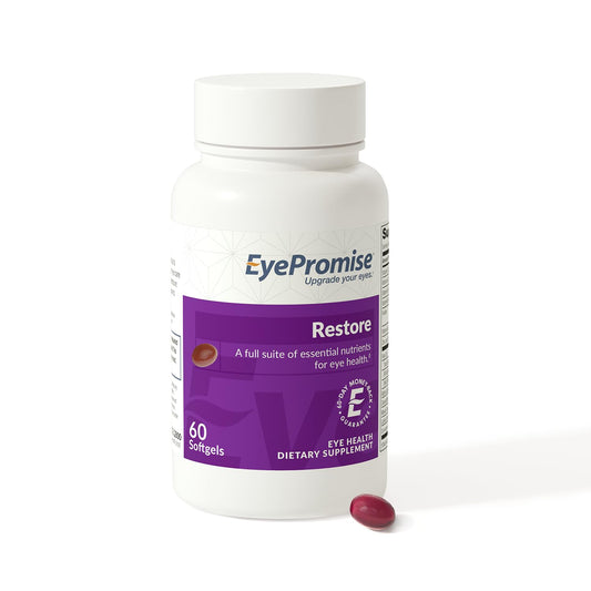 EyePromise Restore bottle-front view emphasizing lutein and zeaxanthin with omega-3 support for eye health