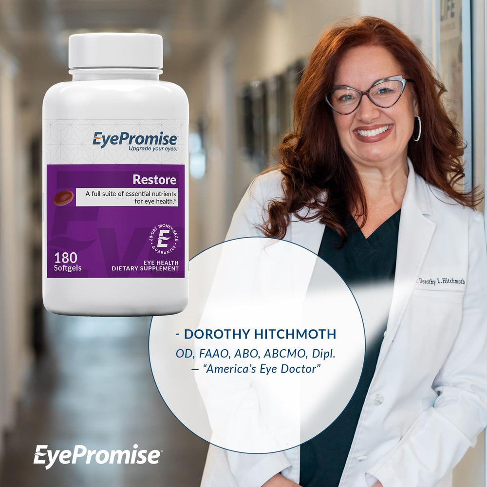 EyePromise Restore ingredients chart featuring zeaxanthin, lutein and omega-3 complex