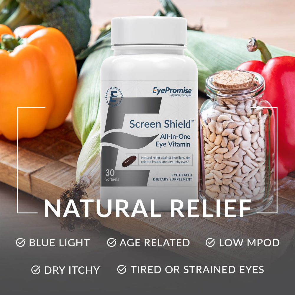 EyePromise Screen Shield packaging highlights lutein and zeaxanthin for central vision support