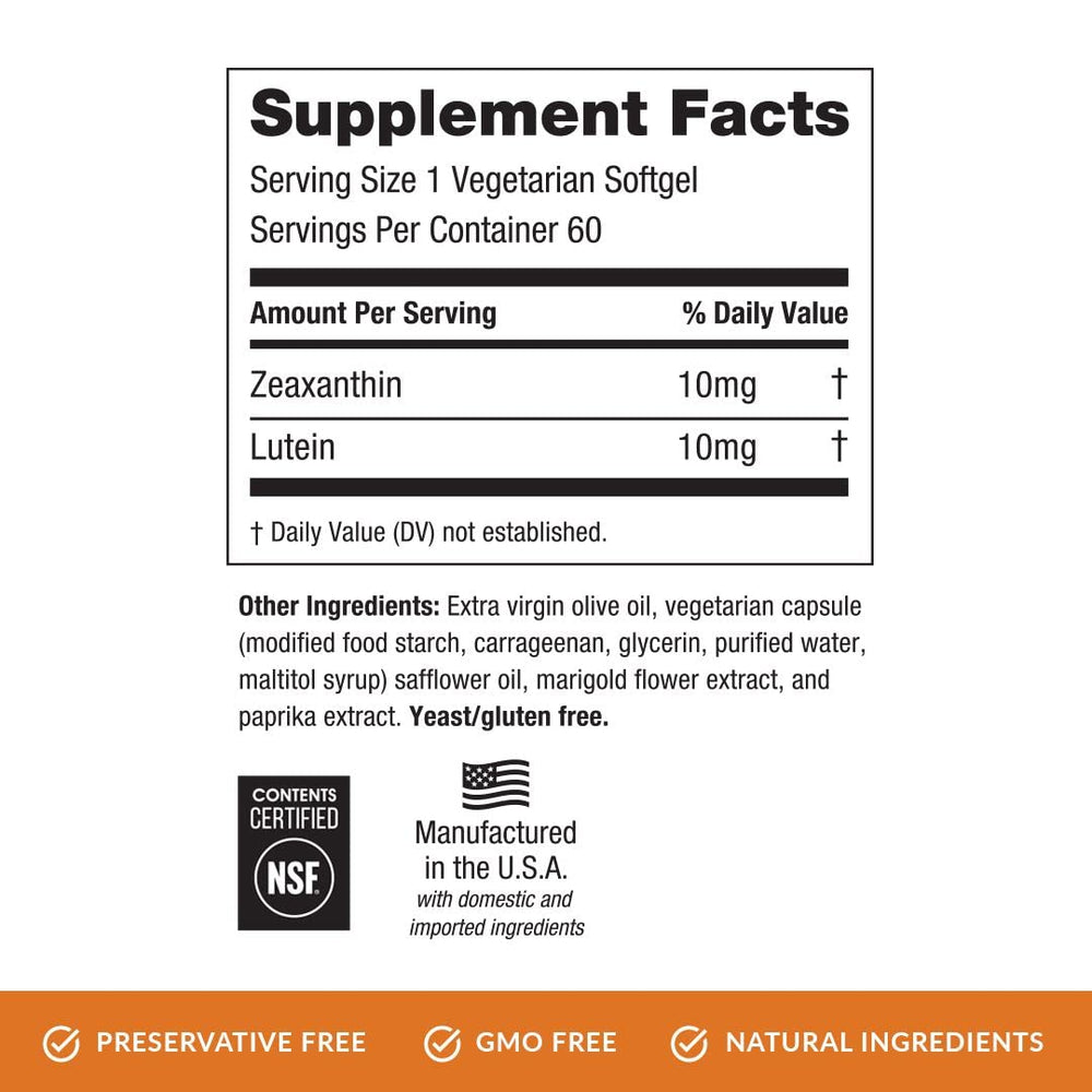 Close-up of EyePromise Zeaxanthin + Lutein capsules showing natural ingredients
