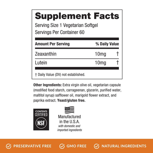 Close-up of EyePromise Zeaxanthin + Lutein capsules showing natural ingredients