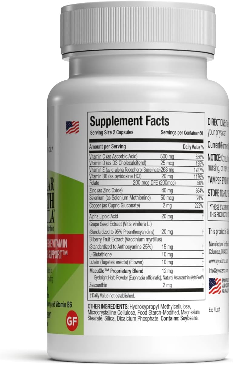 EyeScience supplement bottle with carotenoids and antioxidants for eye comfort.
