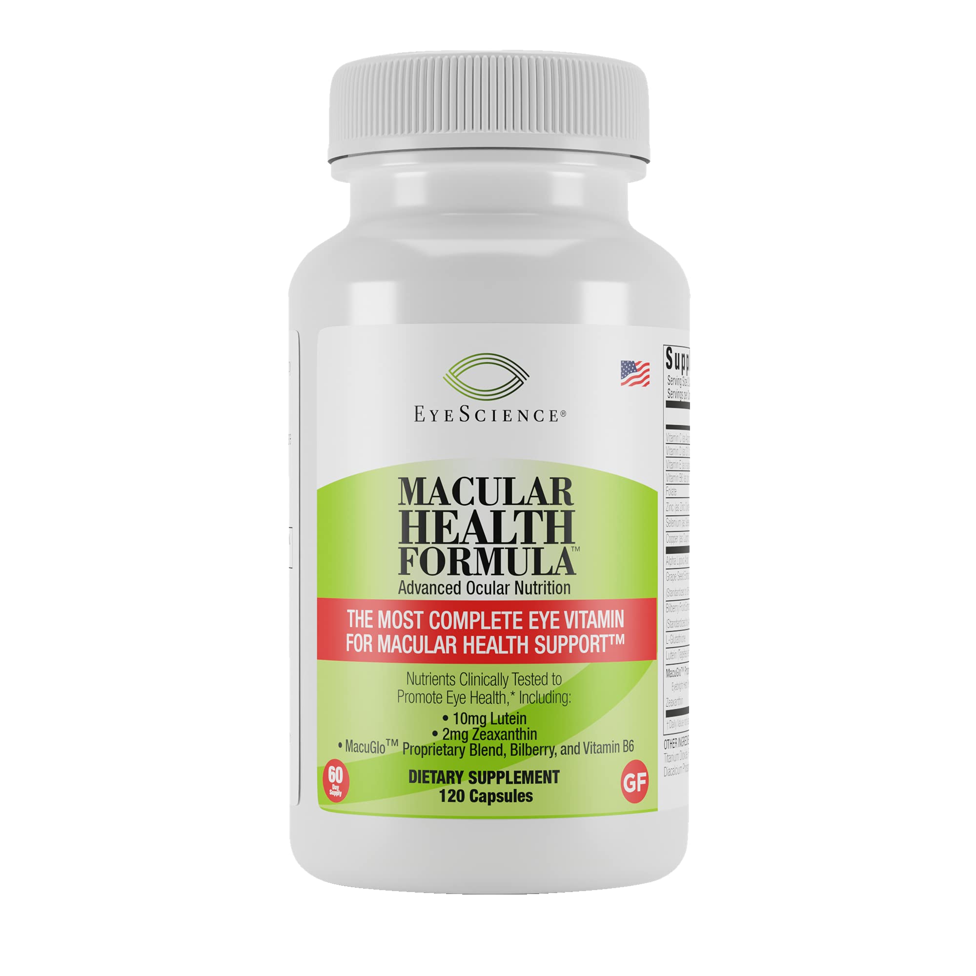 EyeScience Macular Health bottle front on a clean surface for daily eye wellness