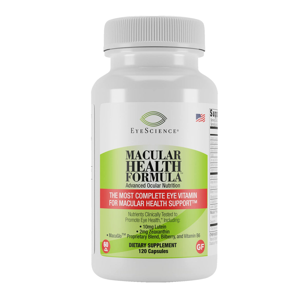 EyeScience Macular Health bottle front on a clean surface for daily eye wellness