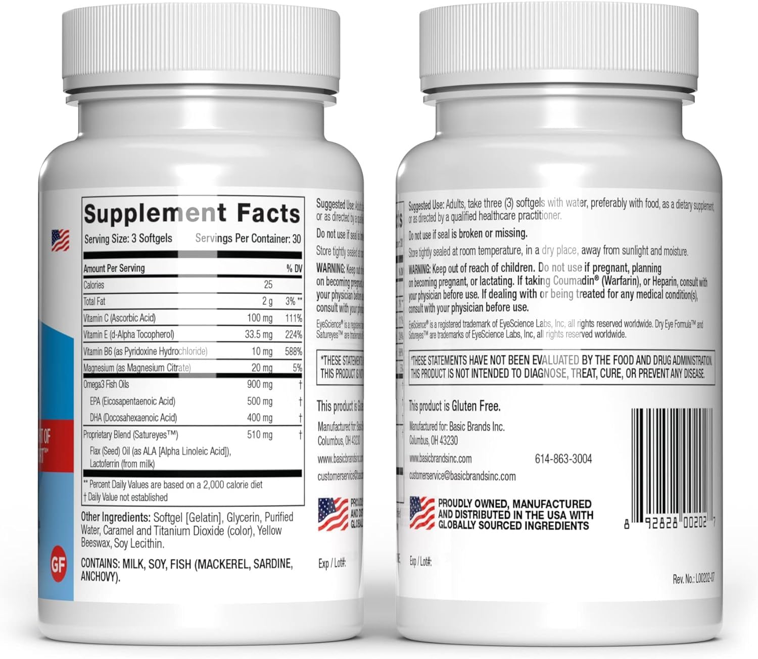 EyeScience Dry Eye Formula bottle back with ingredients and daily directions.