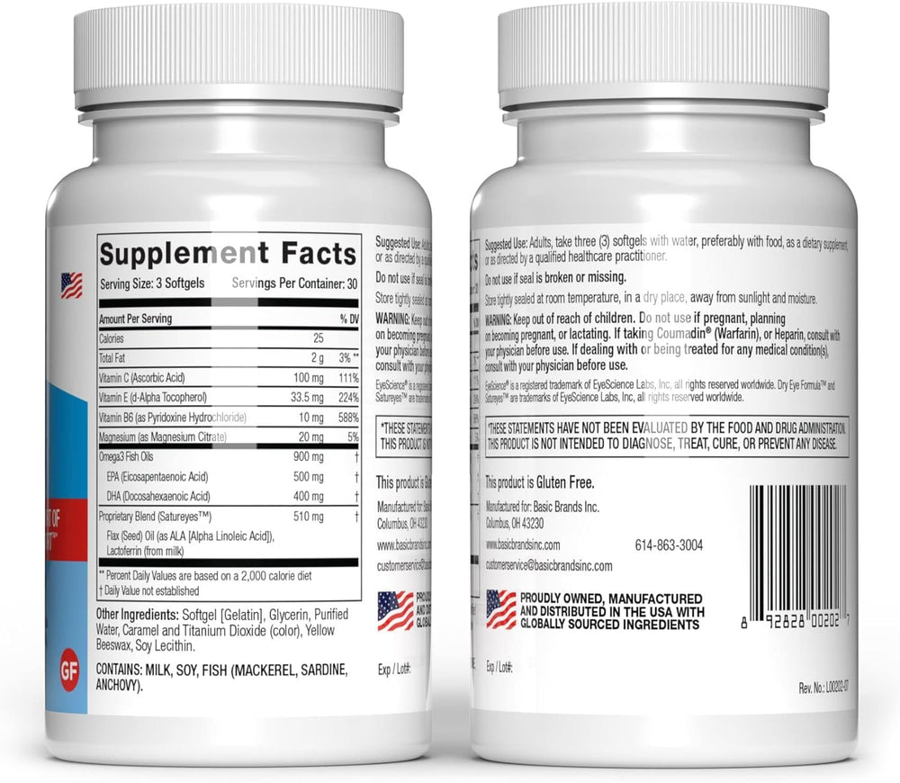 EyeScience Dry Eye Formula bottle back with ingredients and daily directions.