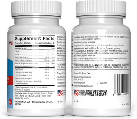 EyeScience Dry Eye Formula bottle back with ingredients and daily directions.