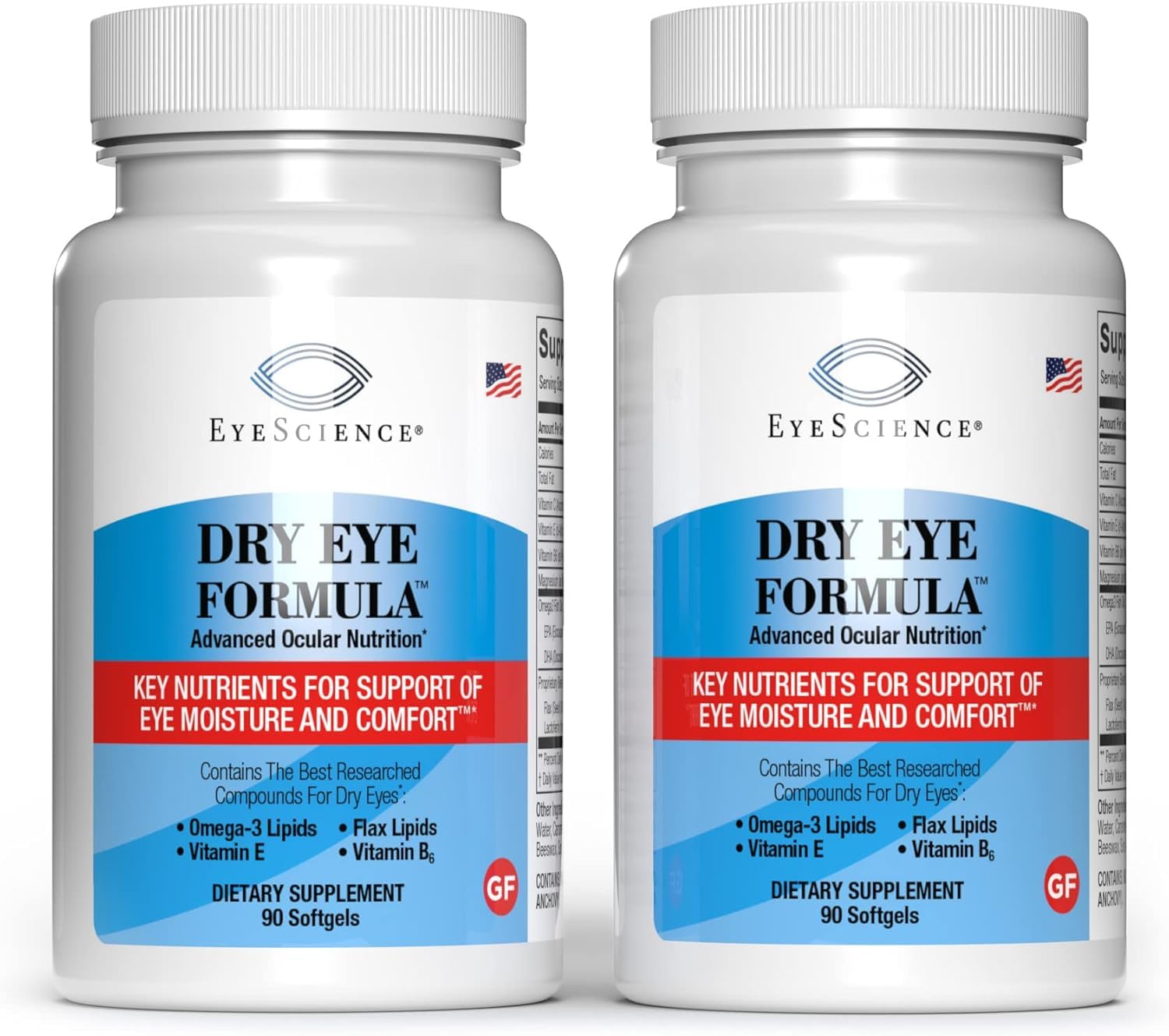 EyeScience Dry Eye Formula bottle front showing branding and 90 softgels for daily use.