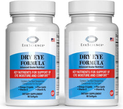 EyeScience Dry Eye Formula bottle front showing branding and 90 softgels for daily use.