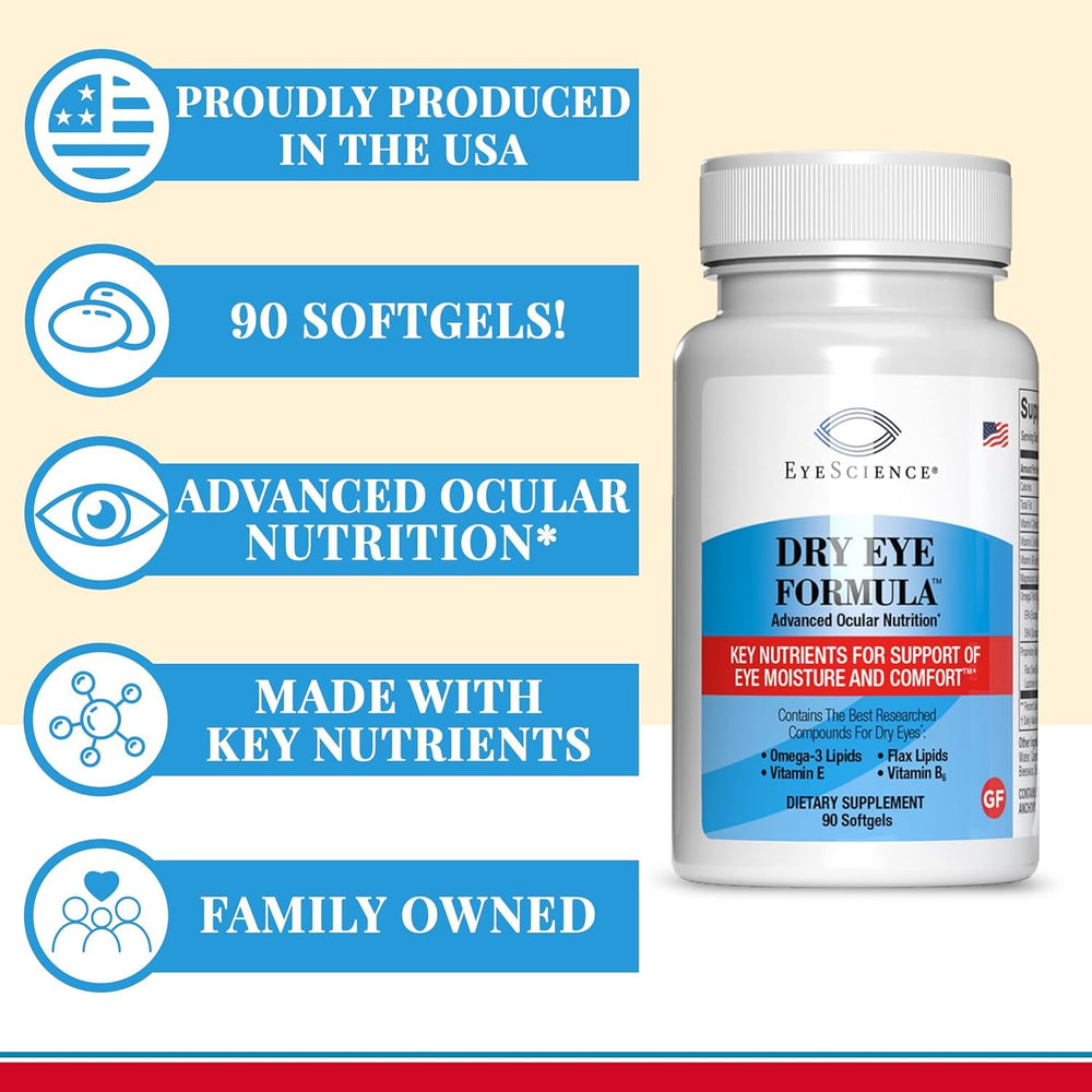 Omega-3 rich capsules from EyeScience Dry Eye Formula emphasize EPA and DHA.