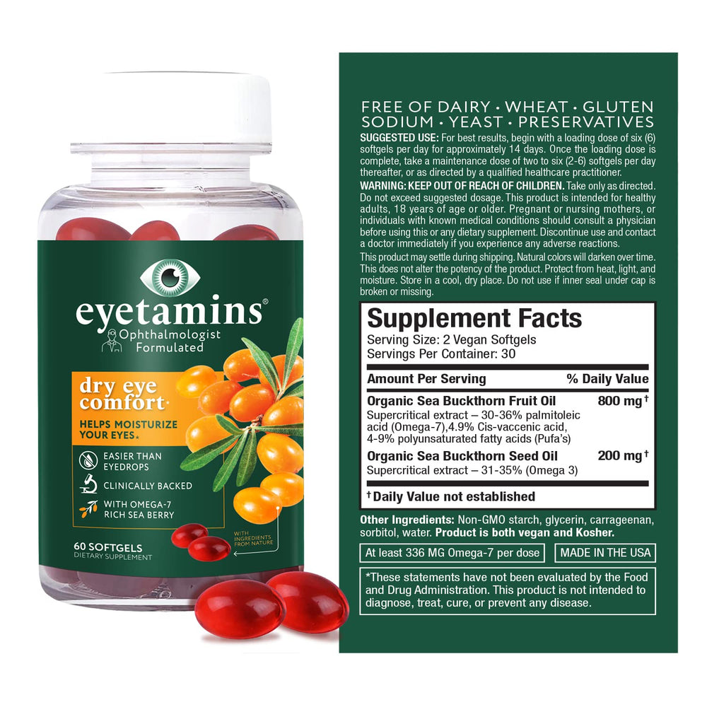 eyetamins Dry Eye Comfort Himalayan Sea Buckthorn oil capsule for antioxidant support.