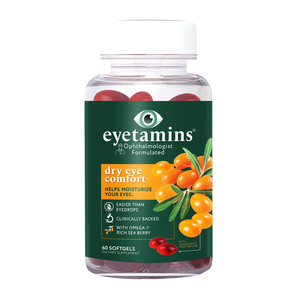 eyetamins Dry Eye Comfort softgels close-up, showcasing vegan, non-GMO formula.