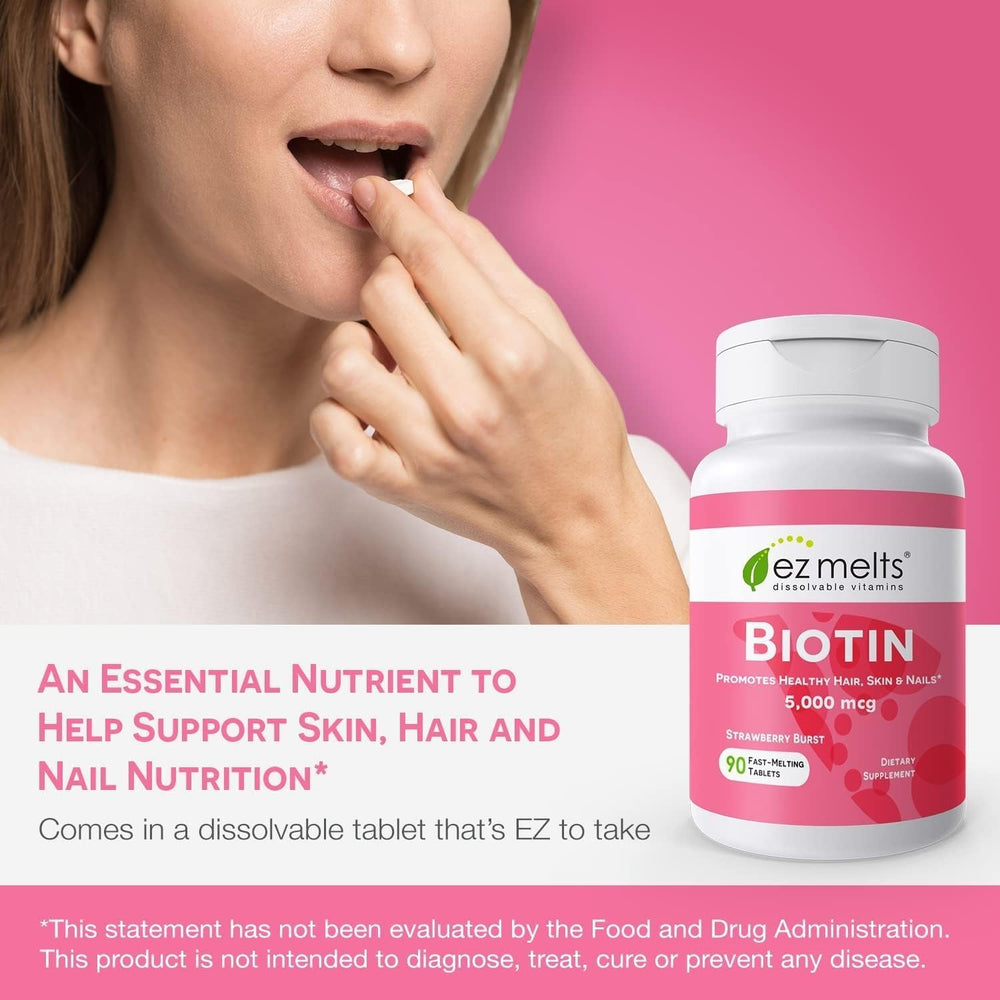 EZ Melts Biotin supports hair, skin, and nails health in daily care.
