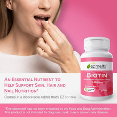 EZ Melts Biotin supports hair, skin, and nails health in daily care.