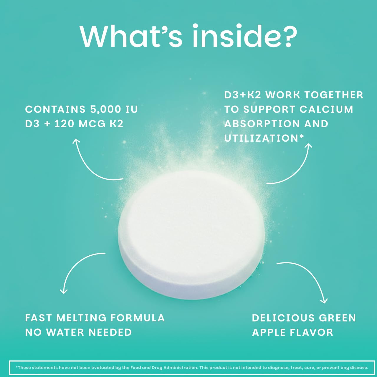 EZ Melts bottle with green apple label highlighting D3 and K2.