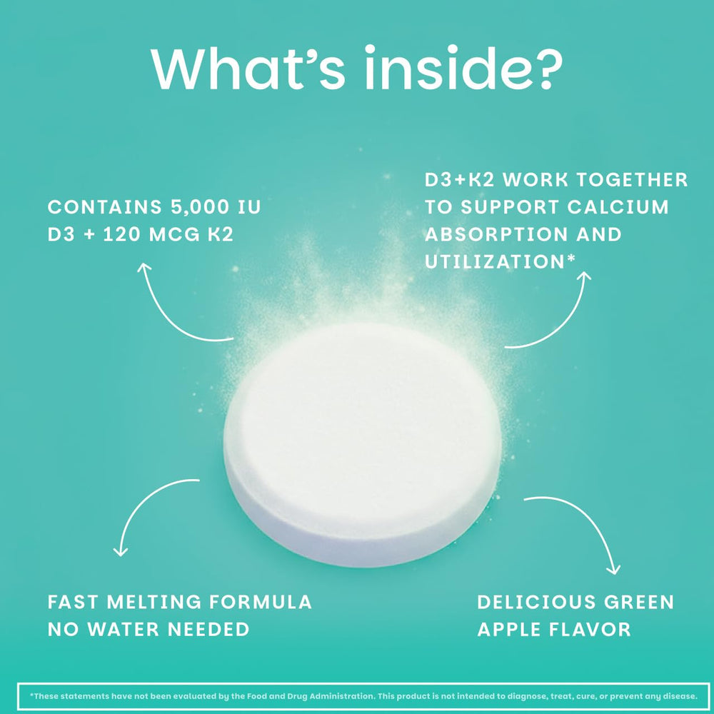 EZ Melts bottle with green apple label highlighting D3 and K2.