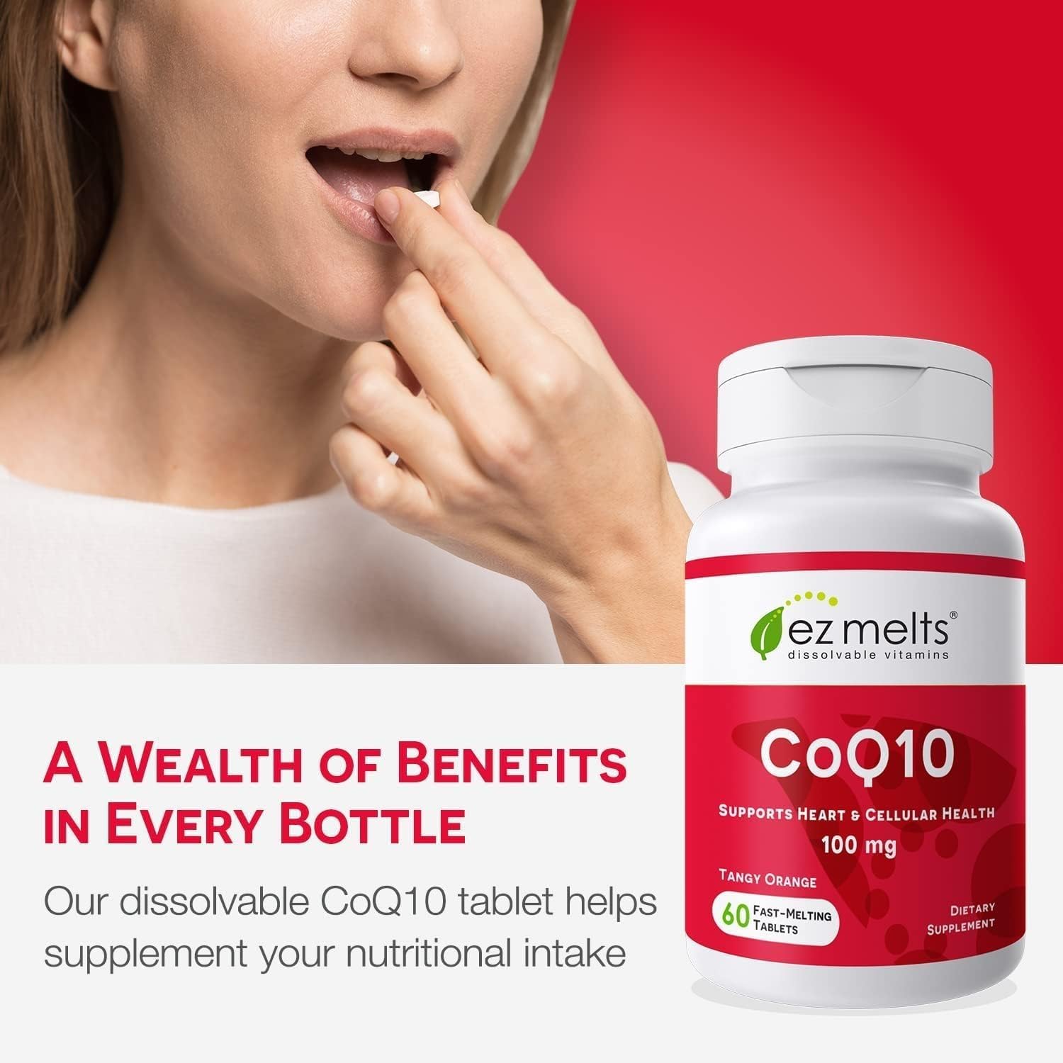 EZ Melts CoQ10 tangy orange tablets beside a heart illustration for energy support.