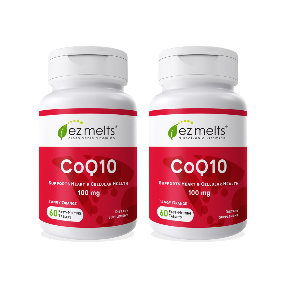 EZ Melts CoQ10 tangy orange tablets in pack support daily energy on the go.