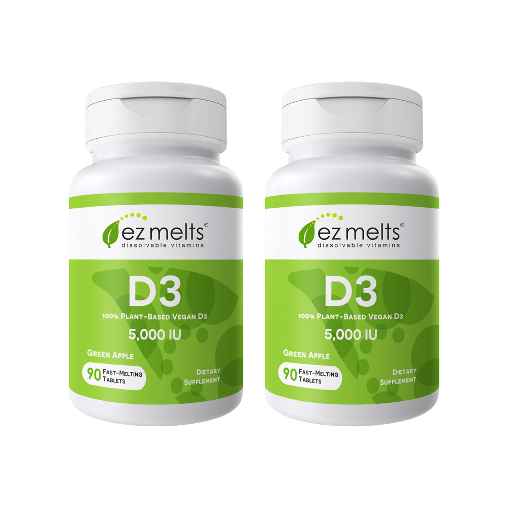 EZ Melts packaging with 180 dissolvable D3 tablets for daily wellness.