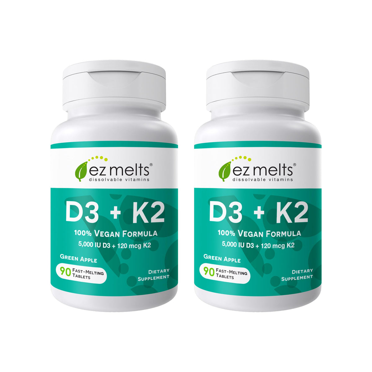 EZ Melts dissolvable vitamin D3 and K2 green apple tablet ready for quick absorption.