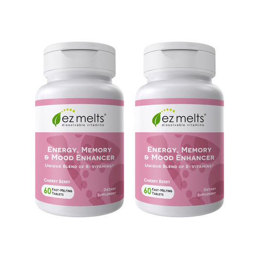 EZ Melts energy bottle view highlights convenient dissolvable tablets for quick daytime energy.