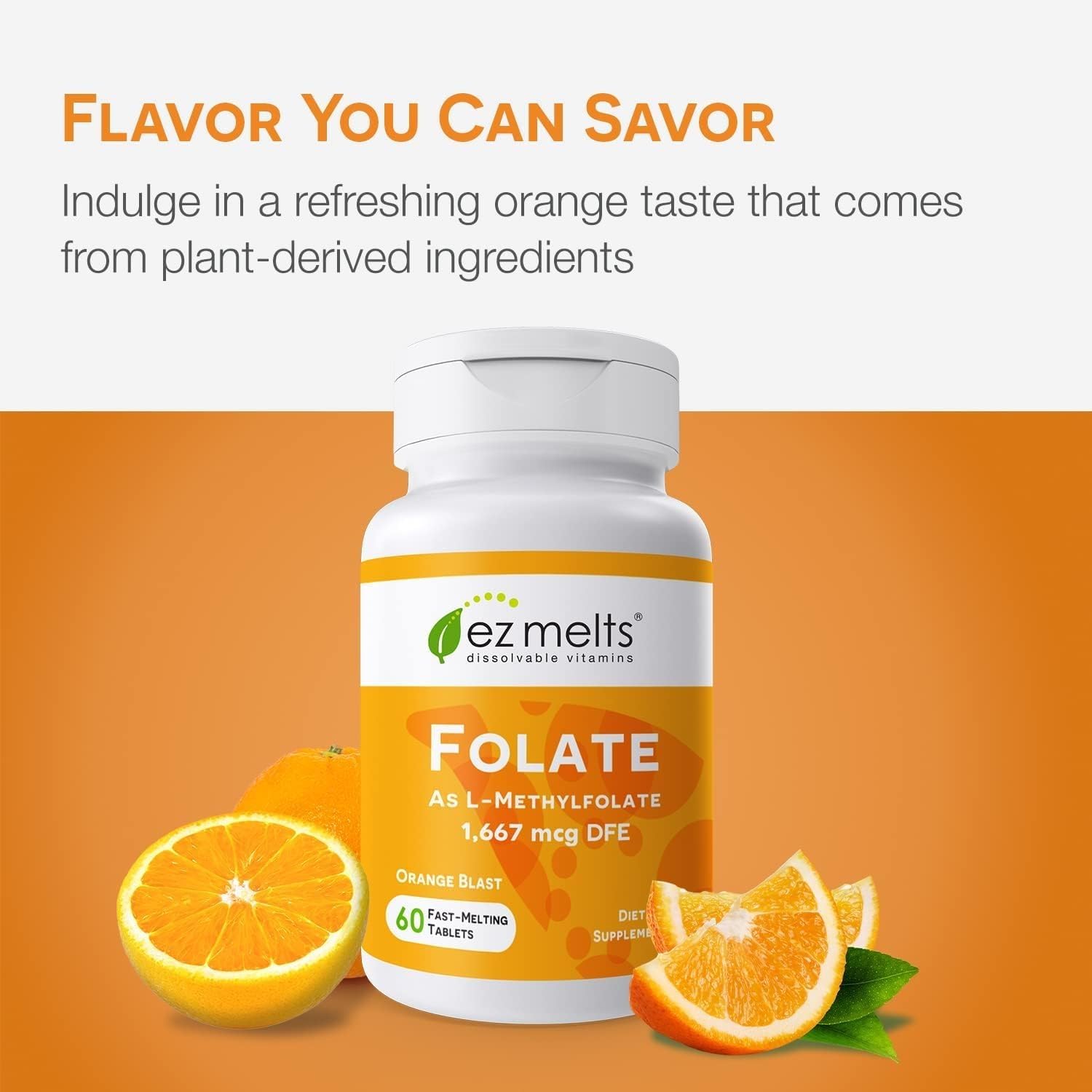 EZ Melts Folate bottle on a desk, emphasizing easy, on-the-go daily use.