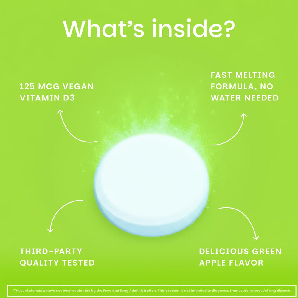 EZ Melts green apple tablet in mouth with fast taste release.