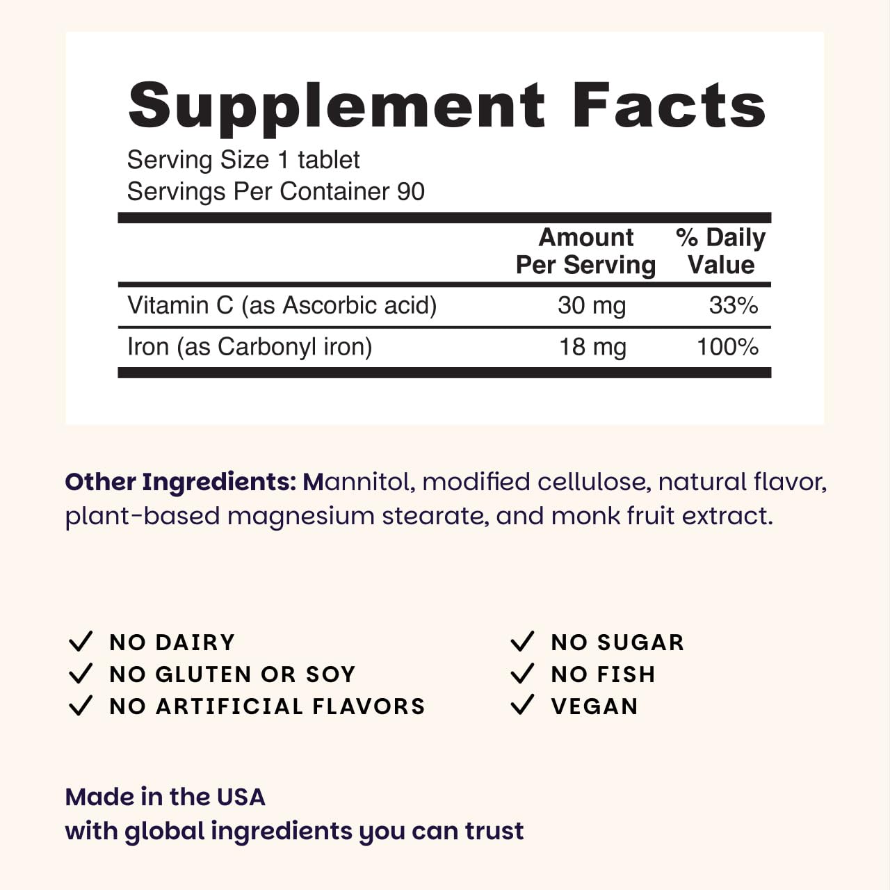 EZ Melts Iron bottle label close-up highlighting vegan and non-GMO benefits.