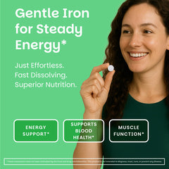 EZ Melts Iron dissolves in mouth illustration for quick absorption and convenience.