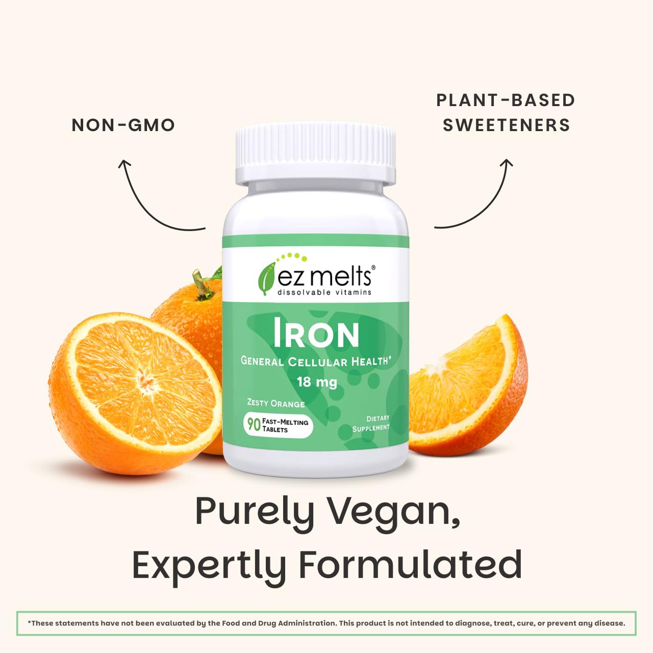 EZ Melts Iron vegan non-GMO badge image communicates clean supplement choices.