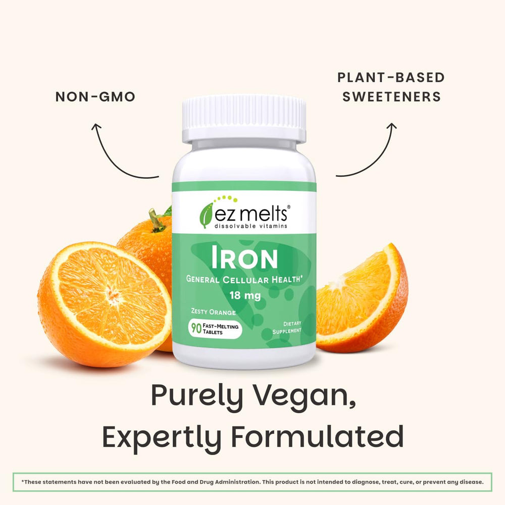 EZ Melts Iron vegan non-GMO badge image communicates clean supplement choices.