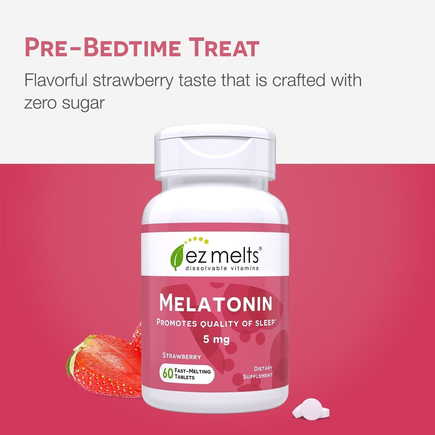 EZ Melts Melatonin label front emphasizes non-GMO and vegan traits.