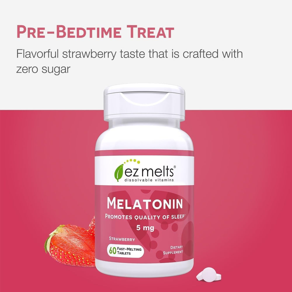 EZ Melts Melatonin label front emphasizes non-GMO and vegan traits.