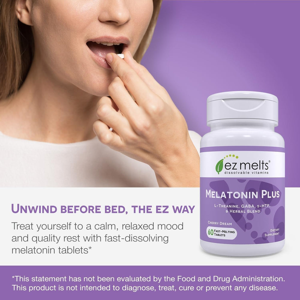 EZ Melts Melatonin Plus dissolving tablet close-up showing quick melt.