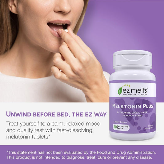 EZ Melts Melatonin Plus dissolving tablet close-up showing quick melt.