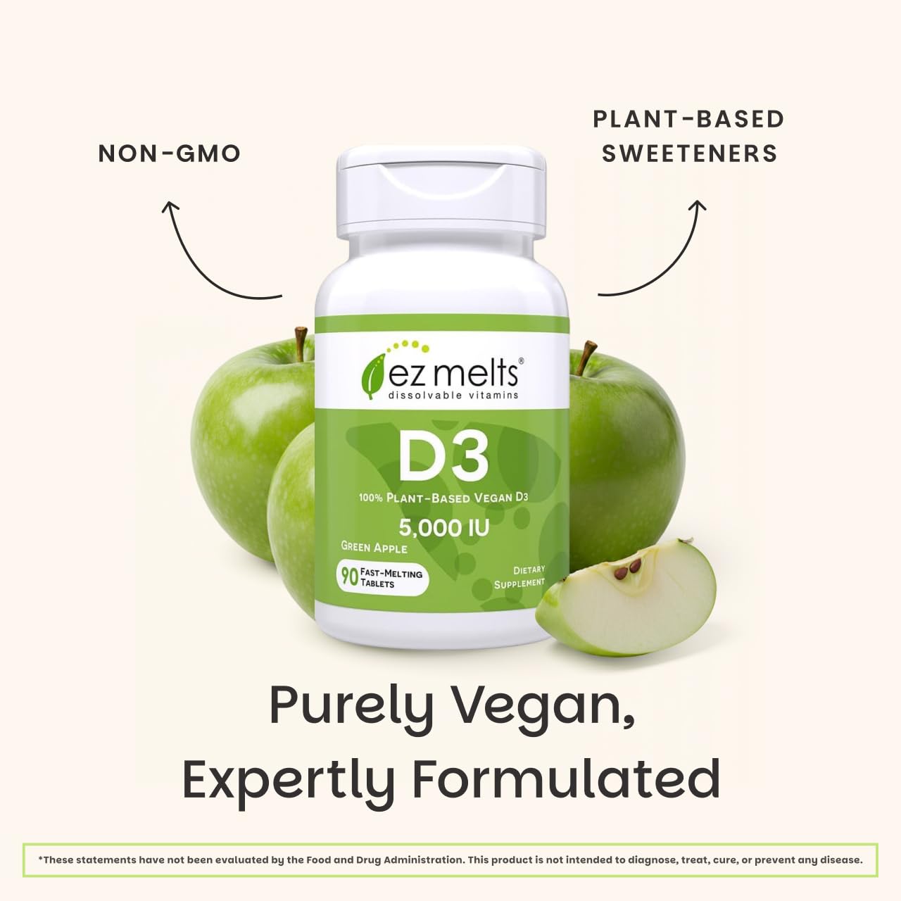 EZ Melts vegan non-GMO label highlights plant-based vitamin D3.