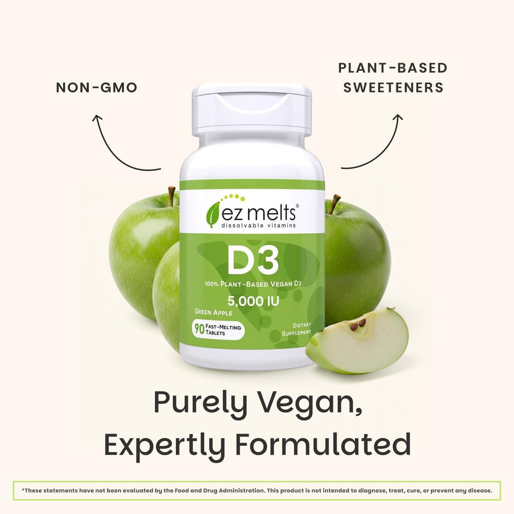 EZ Melts vegan non-GMO label highlights plant-based vitamin D3.