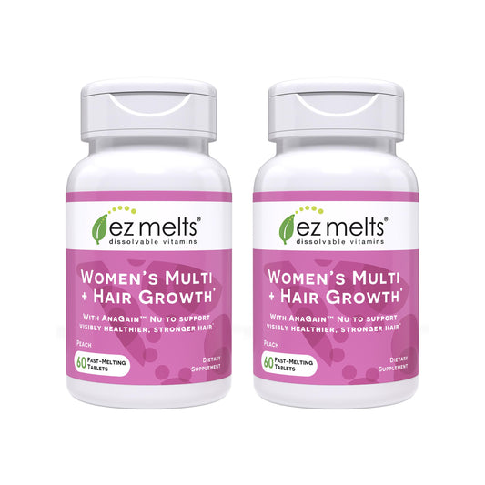 EZ Melts Women's Multi bottle showing peach flavor and vegan formula