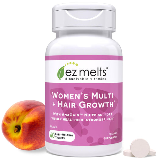 EZ Melts Women's Multi Growth peach bottle for convenient daily vitamins on your routine