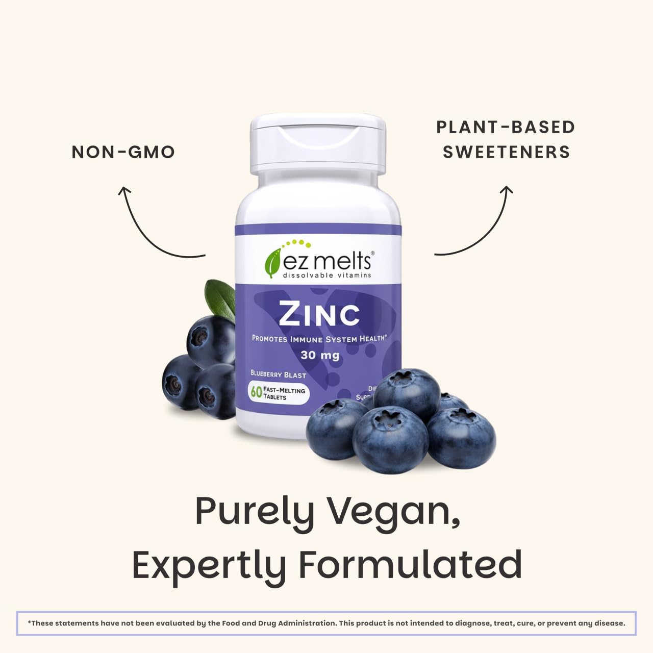 EZ Melts Zinc Non-GMO vegan badge with blueberry imagery