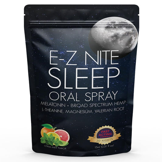 E-Z Nite hemp sleep spray side label highlighting melatonin and valerian for sleep routines