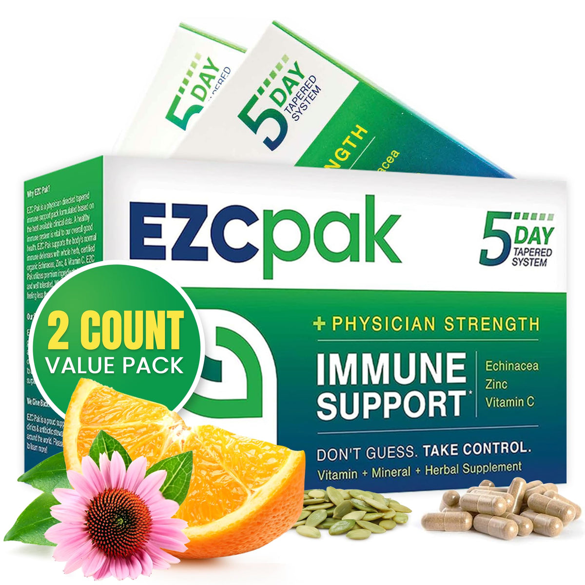 EZC Pak 5-day tapered immunity bottle close-up for simple routine supporting immune wellness.