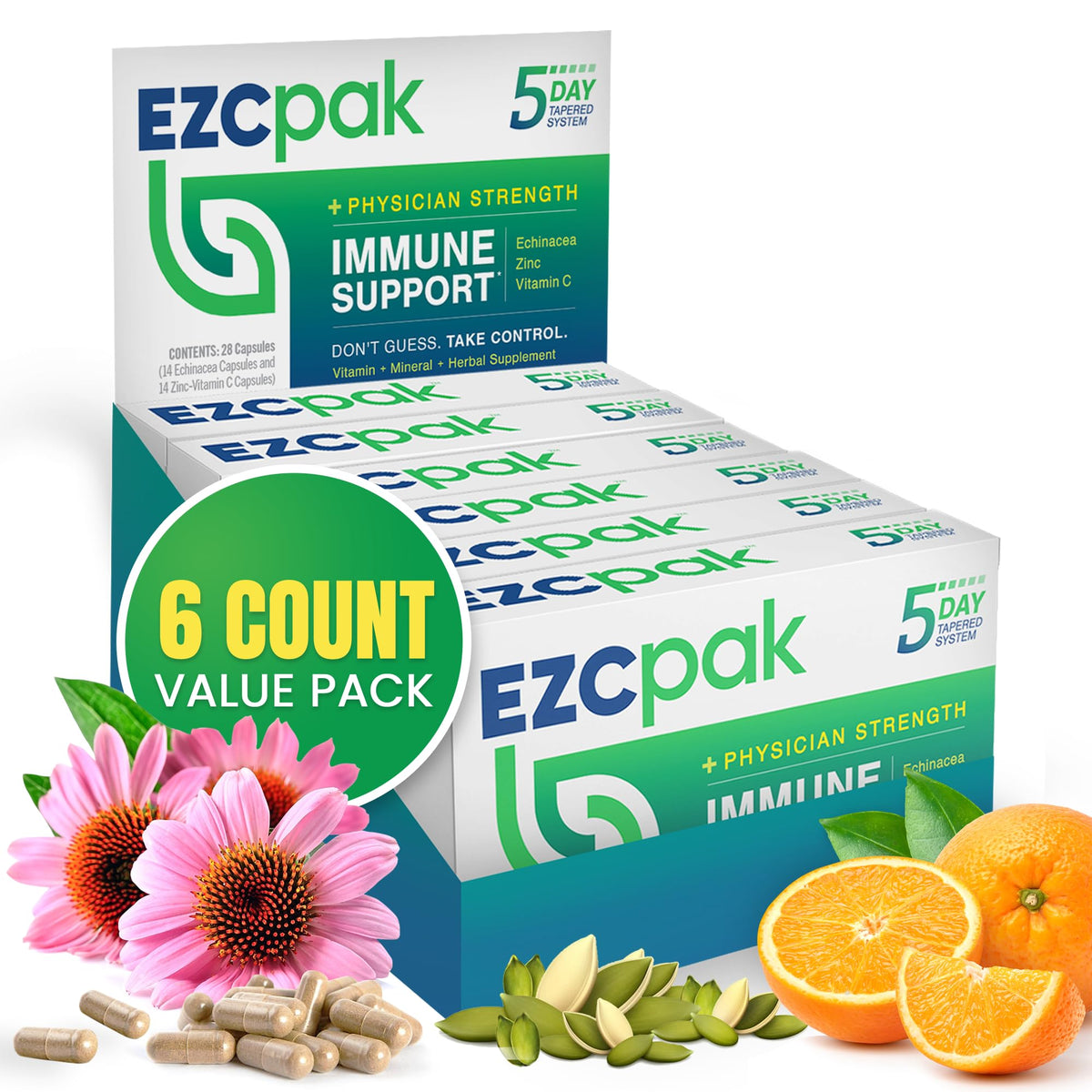 EZC Pak bottle front shows the 5-day taper for immune support